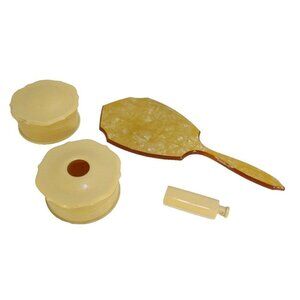 Beige celluloid hand mirror with round box, hair saver box & small bottle 1930's